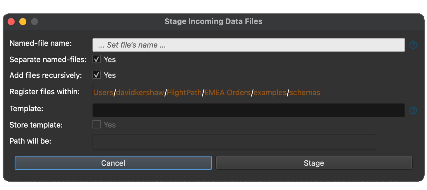 FlightPath Data staging dialog for incoming data files.
